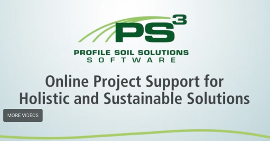 Logo for PS3 (Profile Soil Solutions Software) above text: Online Project Support for Holistic and Sustainable Solutions. A More Videos button appears in the lower left corner. Light background with a green arc.