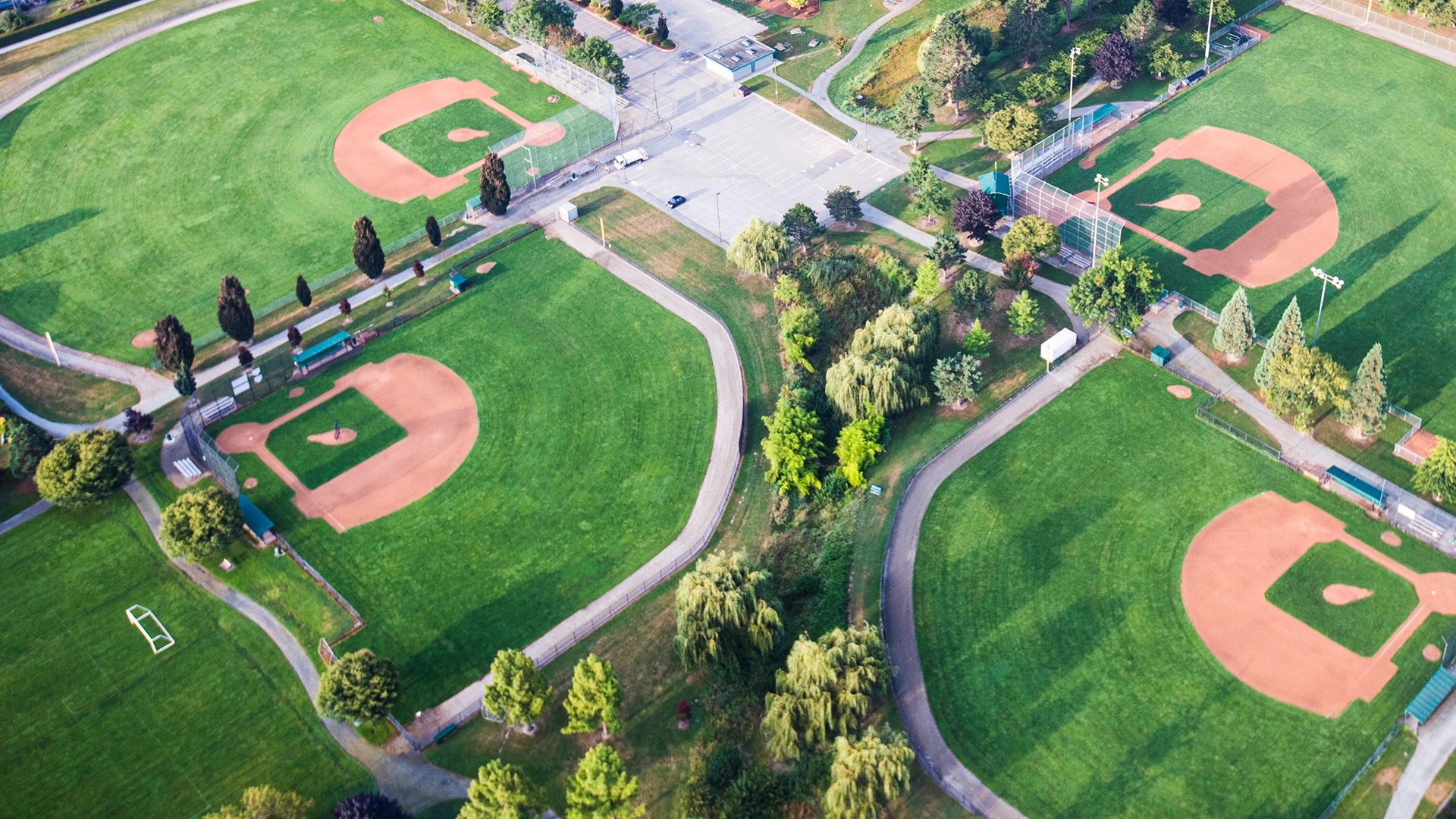 Aerial view of 4 baseball fields