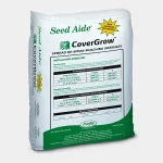 A white and green bag of Seed Aide CoverGrow mulching granules with installation guidelines, application rates, and product information printed on the front.