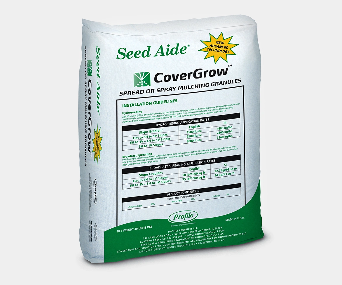 A white and green bag of Seed Aide CoverGrow mulching granules with installation guidelines, application rates, and product information printed on the front.