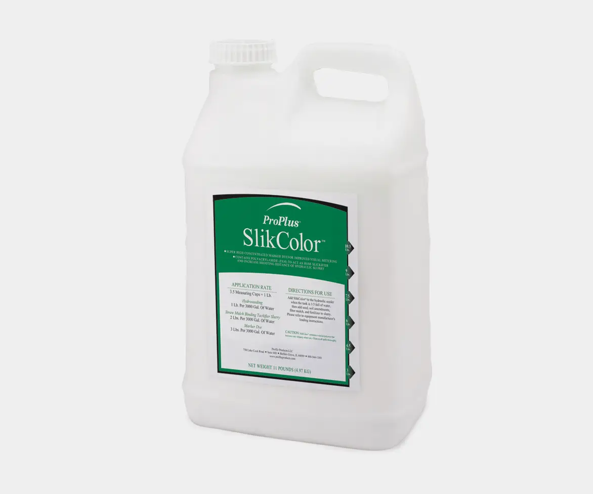 Plastic jug labeled “ProPlus SlikColor” with application rates and directions for use printed on the front.