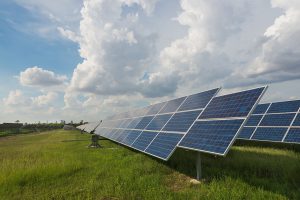 Rows of solar panels stand in a grassy field under a partly cloudy sky, capturing sunlight to generate renewable energy.