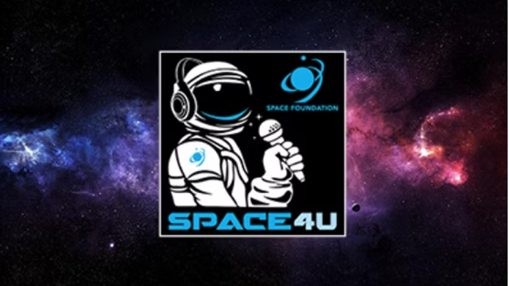A cartoon astronaut holding a microphone with SPACE FOUNDATION and SPACE4U text, set against a colorful starry galaxy background.