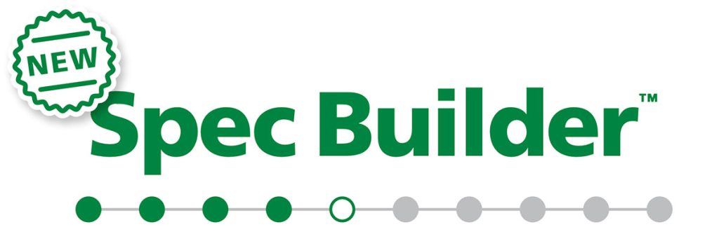Logo with a green NEW badge, the words Spec Builder in bold green, and a horizontal progress bar with six green dots, one outlined, and four gray dots.