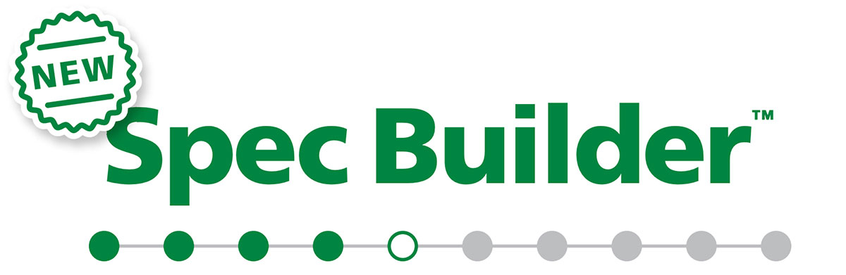 Logo with a green NEW badge, the words Spec Builder in bold green, and a horizontal progress bar with six green dots, one outlined, and four gray dots.