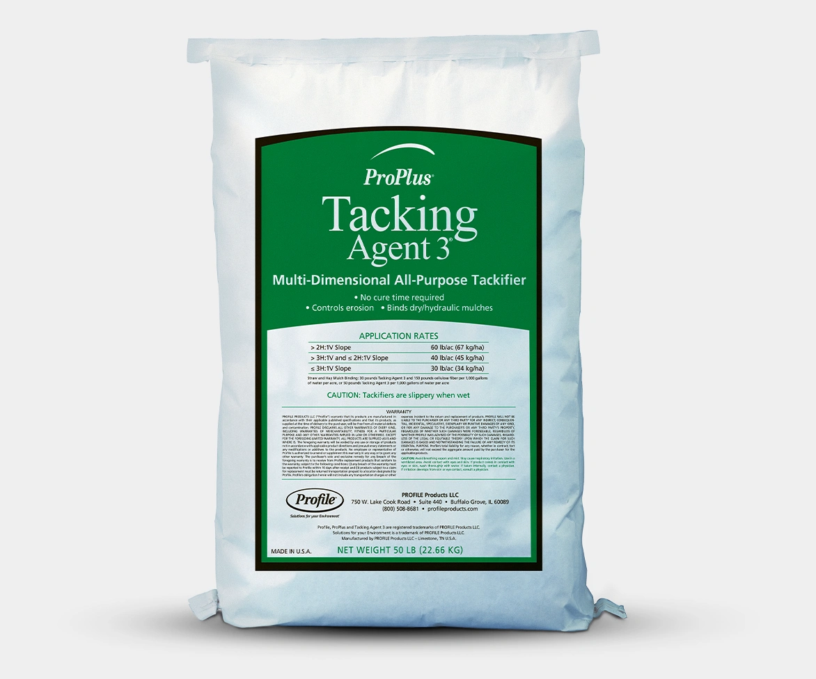 White bag labeled “ProPlus Tacking Agent 3 Multi-Dimensional All-Purpose Tackifier” with a large green label displaying application rates and product information, net weight 50 lb (22.66 kg).
