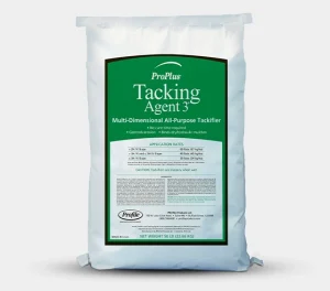White bag labeled “ProPlus Tacking Agent 3 Multi-Dimensional All-Purpose Tackifier” with a large green label displaying application rates and product information, net weight 50 lb (22.66 kg).