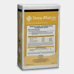A white and yellow bag labeled Terra-Matrix SMM for erosion control and revegetation, with product information, application rates, and installation guidelines printed on the front.