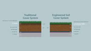 Comparison of traditional and engineered soil cover systems, showing labeled soil and drainage layers.