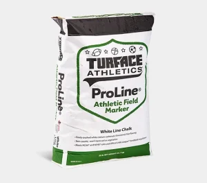 A white bag labeled Turface Athletics ProLine Athletic Field Marker with green and black text, used for marking athletic fields. The bag shows usage details and weighs 50 lbs.
