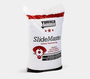 A white bag of Turface Athletics SlideMaster Infield Topdressing with red and black text, featuring a baseball field graphic and product details.