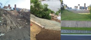 Three side-by-side images show a hillside: first, eroded and bare; second, under construction with soil and tarps; third, stabilized with green grass and concrete retaining walls.