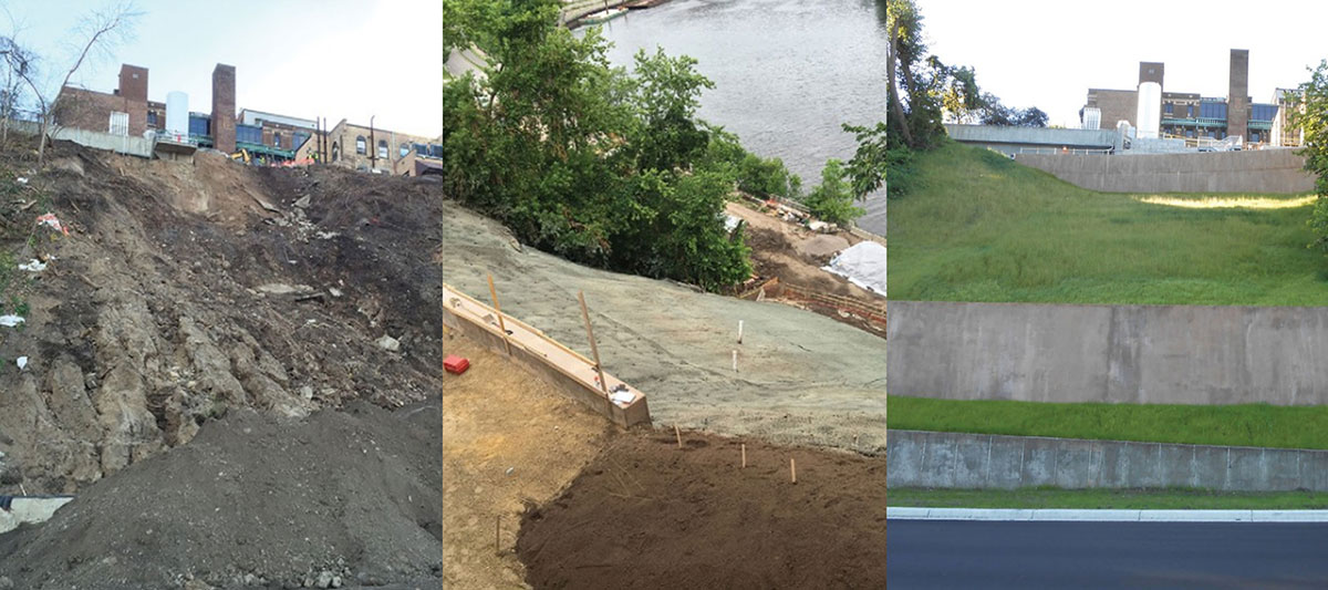 Three side-by-side images show a hillside: first, eroded and bare; second, under construction with soil and tarps; third, stabilized with green grass and concrete retaining walls.