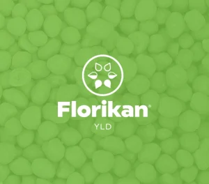 Green background with round granules, overlaid by a white circular leaf logo and the words Florikan YLD in bold white text.