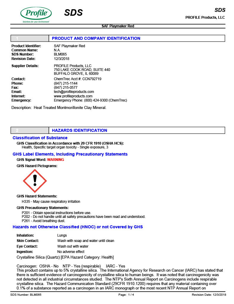Safety Data Sheet (SDS) for SAF Playmaker Red by PROFILE Products, LLC.