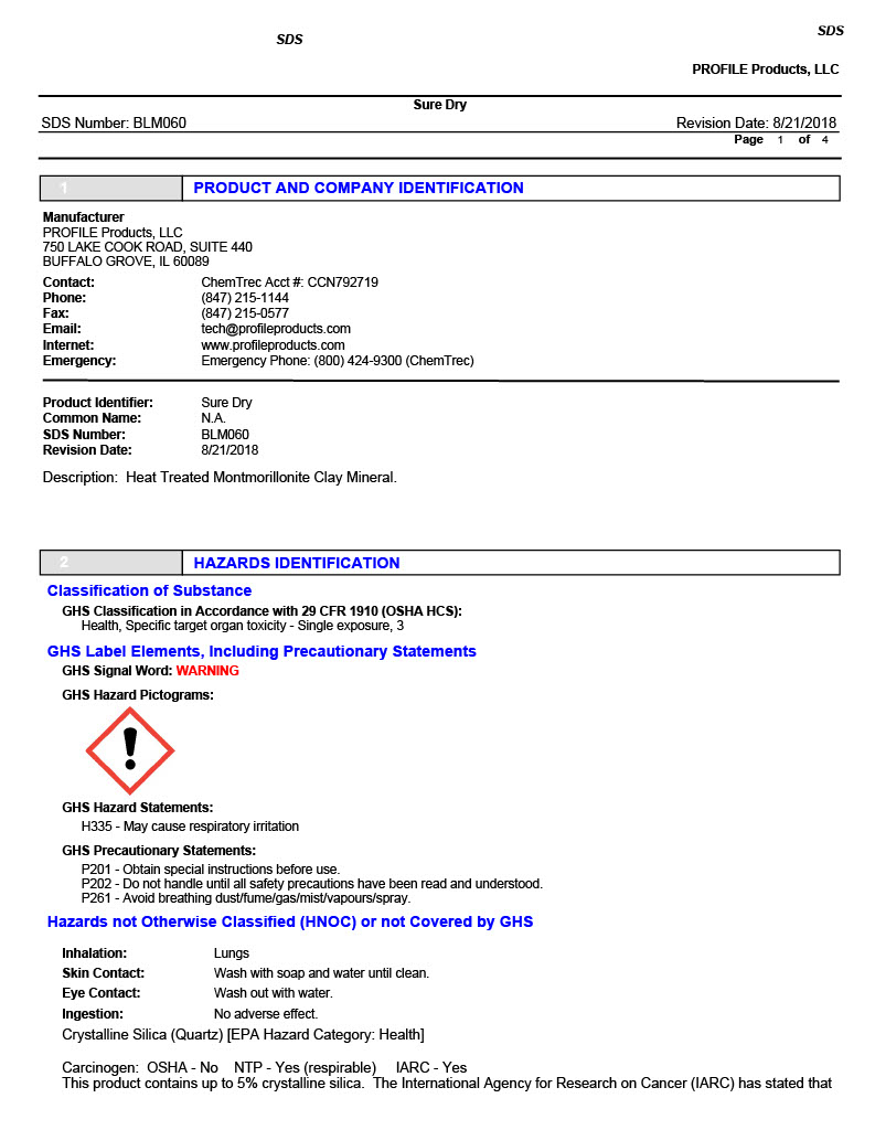 Safety Data Sheet (SDS) page for “Sure Dry” by PROFILE Products, LLC.