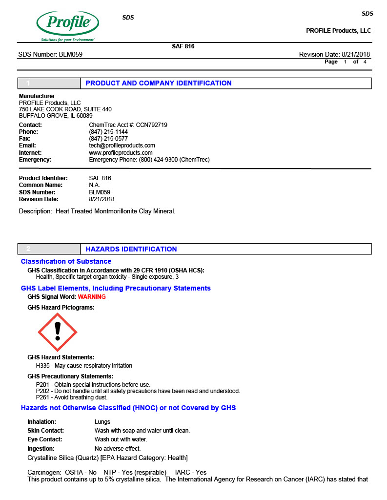 Safety Data Sheet (SDS) page for “SAF 816” by PROFILE Products, LLC.