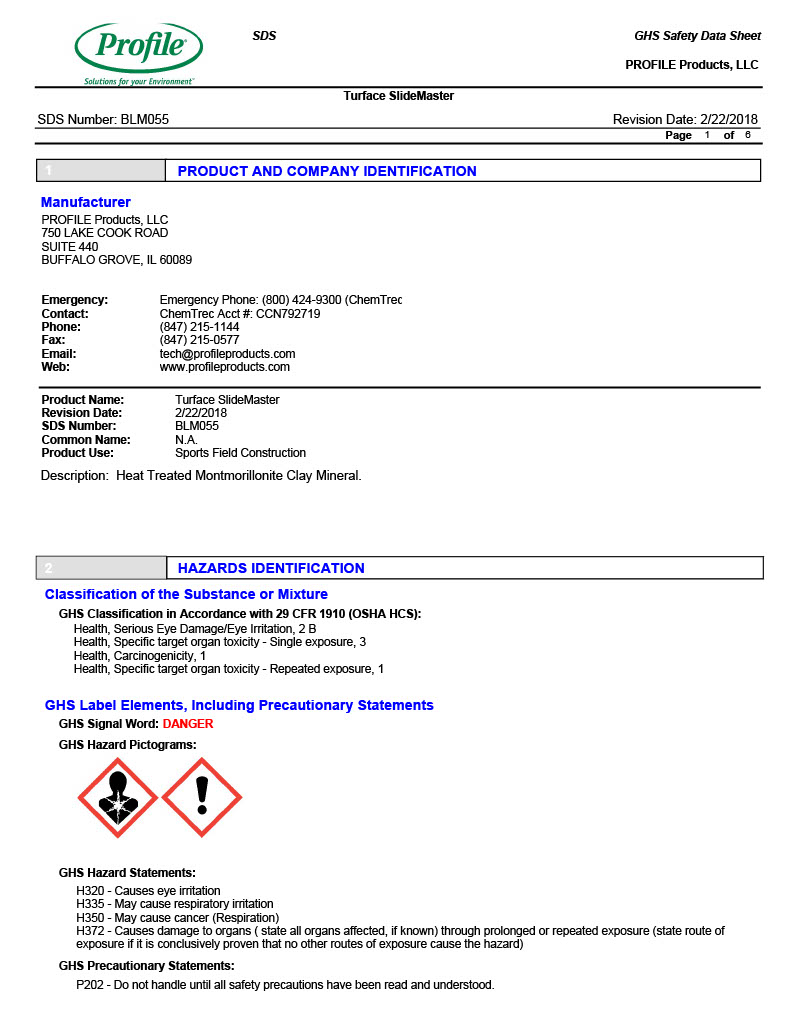 SDS sheet for Turface SlideMaster showing product details, company info, hazard warnings, danger symbol, and handling precautions for this clay mineral. Dated 2/22/2018.