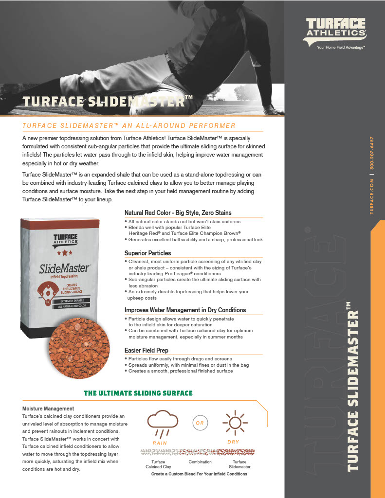 Promotional flyer for Turface SlideMaster, showing a baseball player sliding on a field in the background.