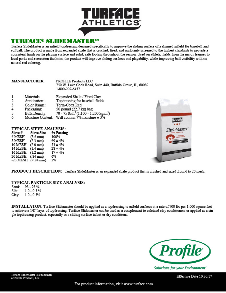Product specification sheet for Turface SlideMaster by Turface Athletics, describing it as an infield topdressing for baseball and softball that improves sliding surface and playability.