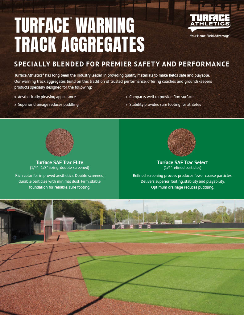 Promotional flyer for Turface warning track aggregates, featuring a baseball field warning track surface in the background.