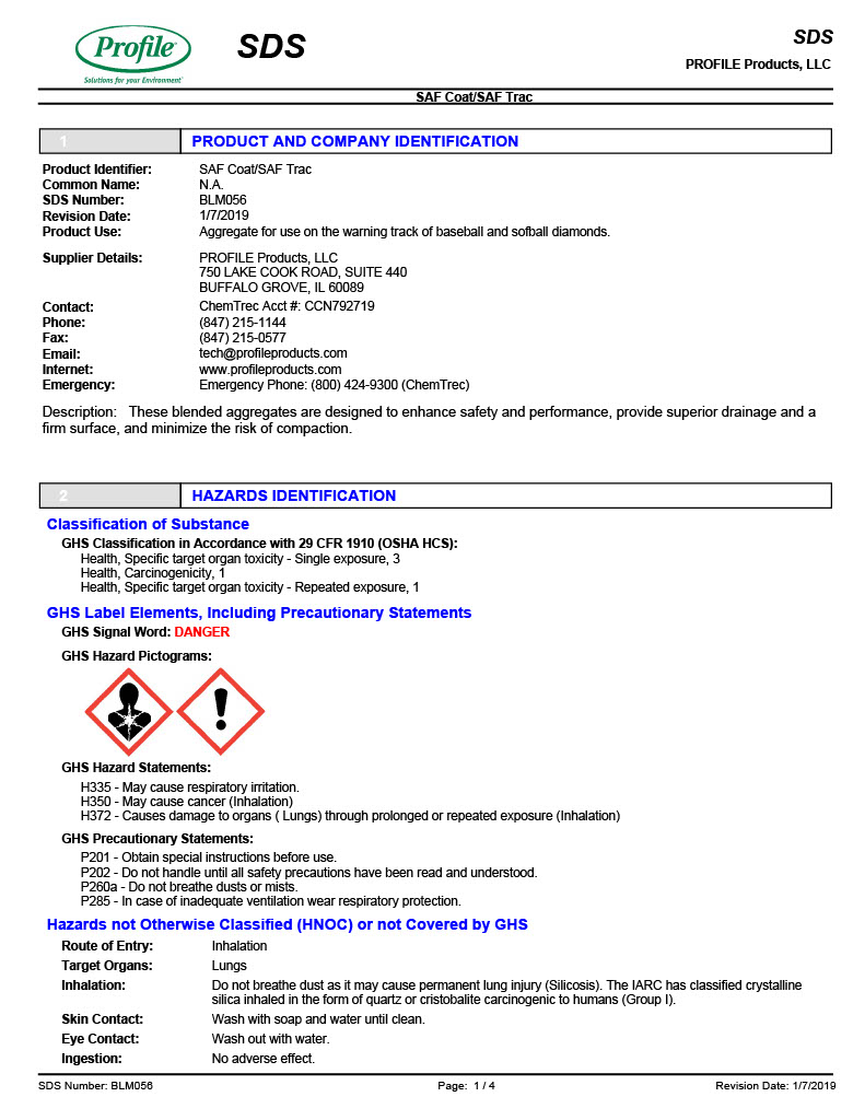 Safety Data Sheet (SDS) for SAF Coat/SAF Trac by Profile Products, LLC.