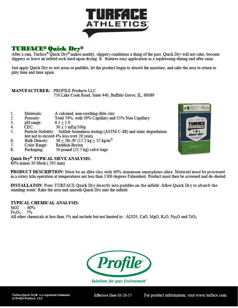 Product information sheet for Turface Quick Dry by Turface Athletics.