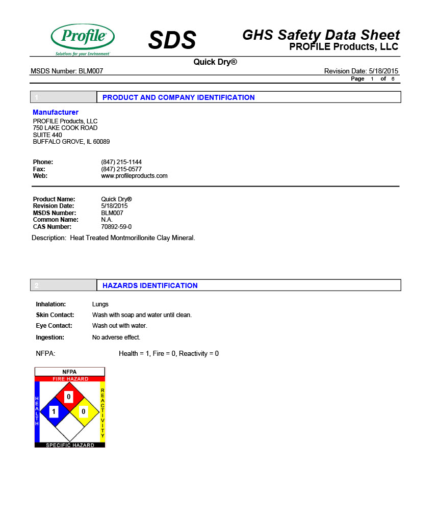 GHS Safety Data Sheet (SDS) for Quick Dry by Profile Products, LLC.