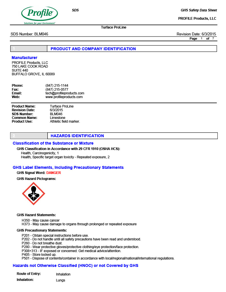 GHS Safety Data Sheet (SDS) for Turface ProLine by Profile Products, LLC.