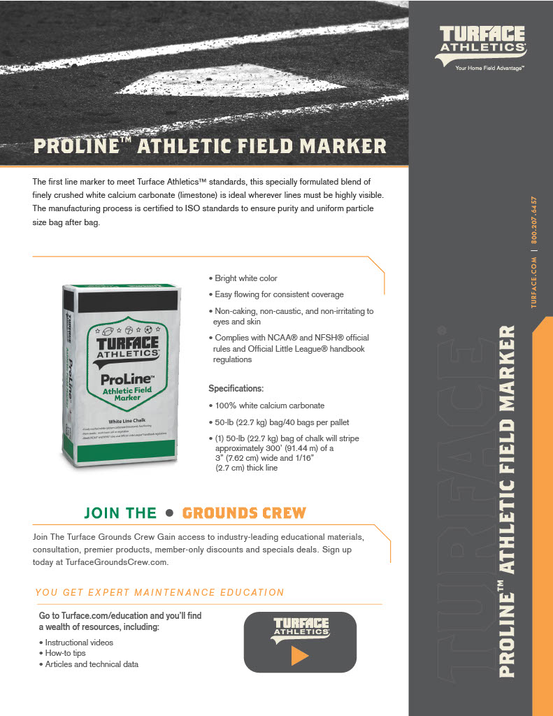 Promotional flyer for Turface Athletics ProLine Athletic Field Marker showing a white chalk line on a sports field and a bag of product.
