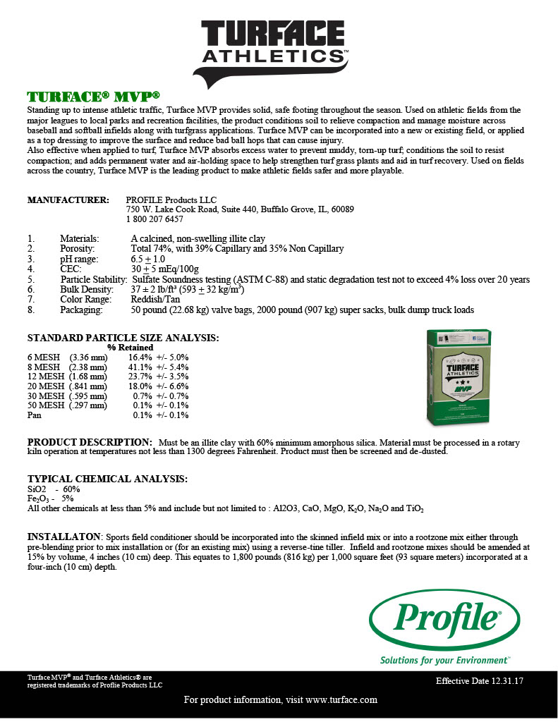 Product specification sheet for Turface Athletics MVP field conditioner, featuring a detailed description of its use for athletic fields, manufacturer information, material properties, particle size analysis, chemical composition, installation instructions, and a small image of the product bag on the right.