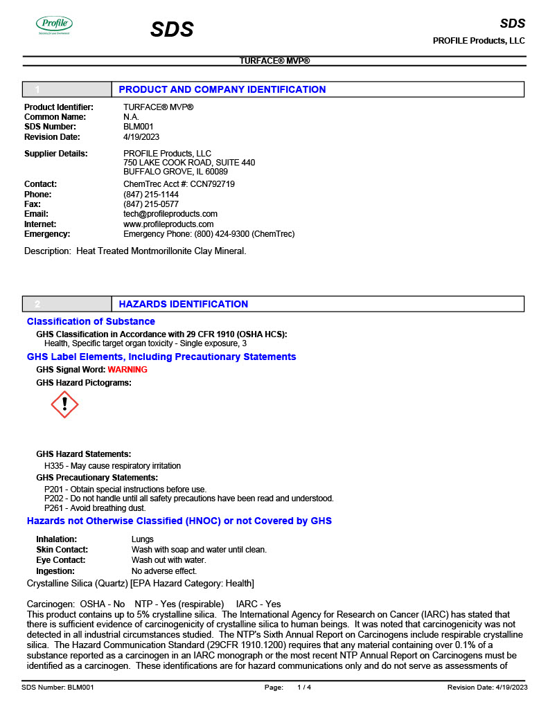 Safety Data Sheet (SDS) for Turface MVP by Profile Products, LLC.