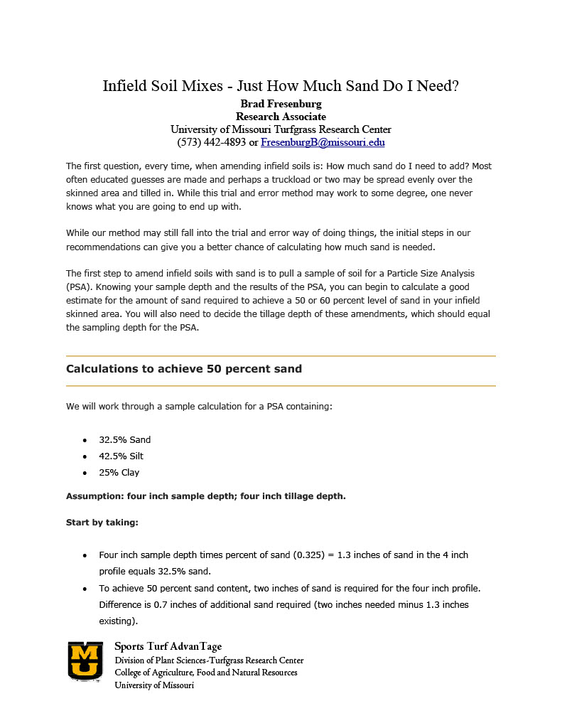 Document titled “Infield Soil Mixes – Just How Much Sand Do I Need?” by Brad Fresenburg of the University of Missouri Turfgrass Research Center, explaining how to calculate sand requirements for infield soil.