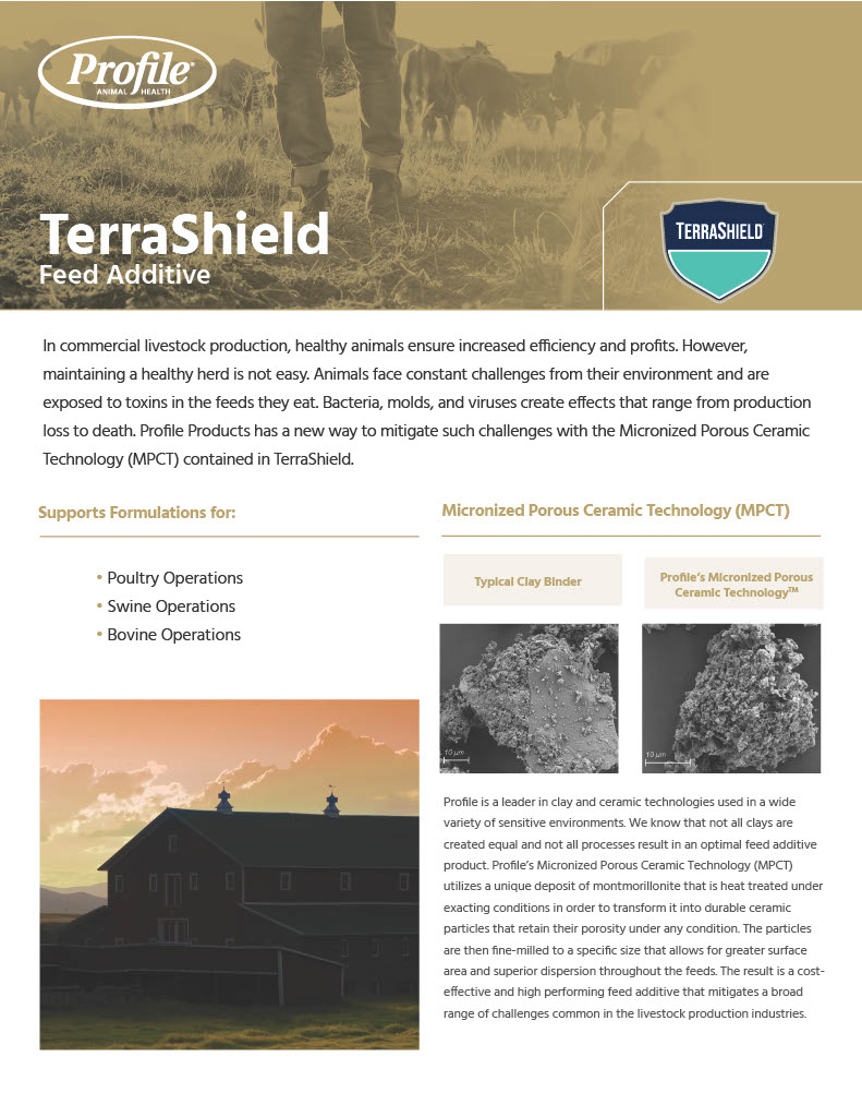 Promotional flyer for “TerraShield Feed Additive” by Profile Animal Health, featuring a background image of cattle and a person standing in a field.