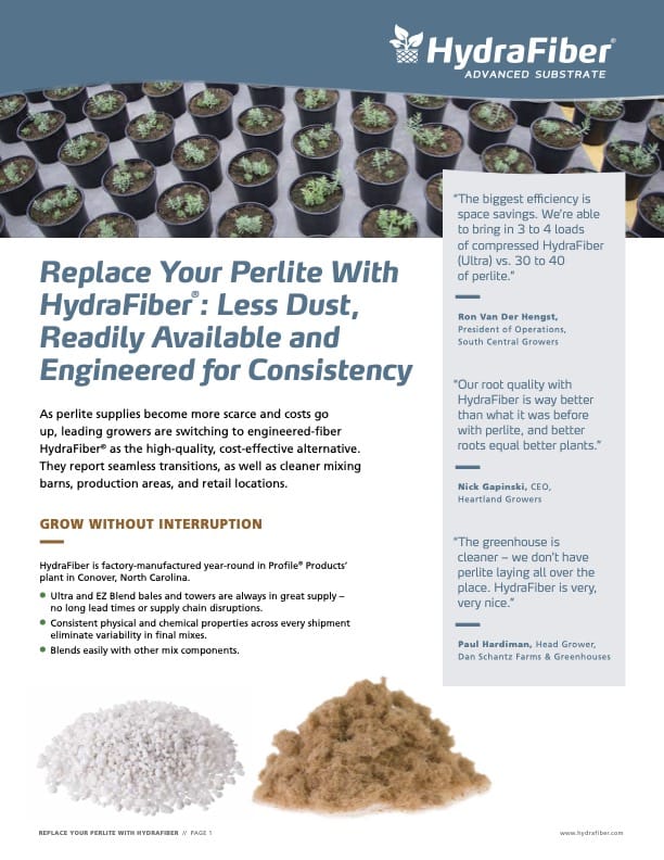 A brochure for HydraFiber shows potted plants and substrate, with text promoting HydraFiber as a perlite alternative, highlighting cost savings, efficiency, and testimonials from growers.