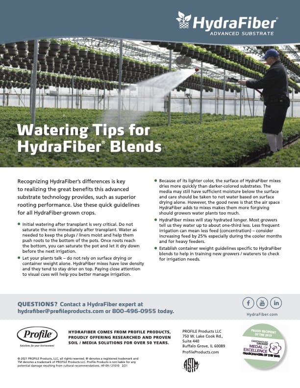 A person in a greenhouse waters rows of plants. The text provides watering tips for HydraFiber Blends, highlighting transplant care and root zone moisture for hydroponic growing. Contact information is at the bottom.