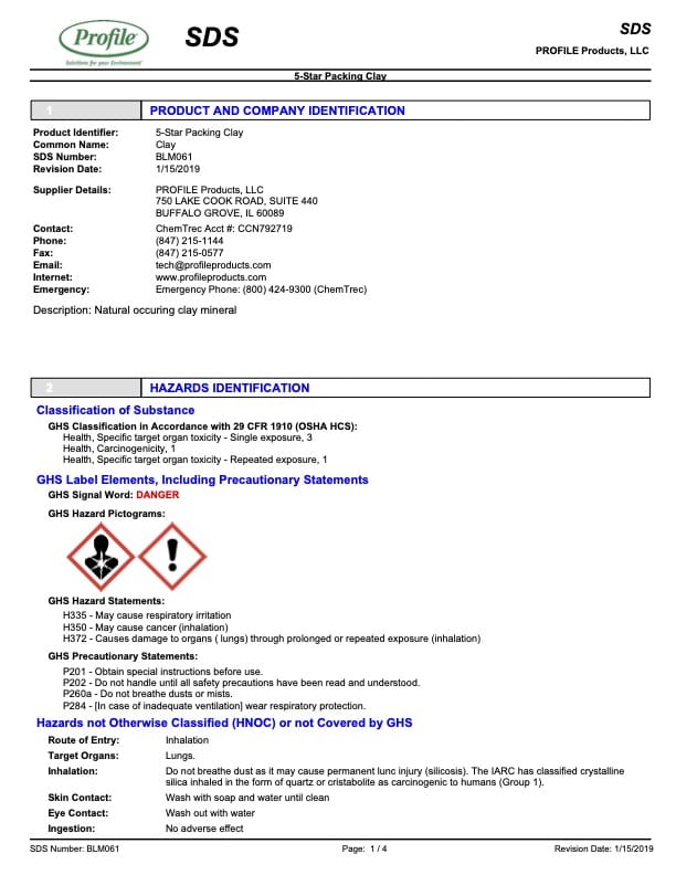 Safety Data Sheet (SDS) page for 5-Star Packing Clay showing product identification, company info, hazard identification, and GHS hazard symbols and statements. Mostly text, with some color highlights and boxed sections.