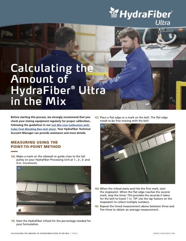Two men in work uniforms measure fiber material on a flat surface in an industrial setting. The image includes step-by-step instructions and guidance for calculating HydraFiber Ultra amounts. HydraFiber Ultra logo appears at the top.