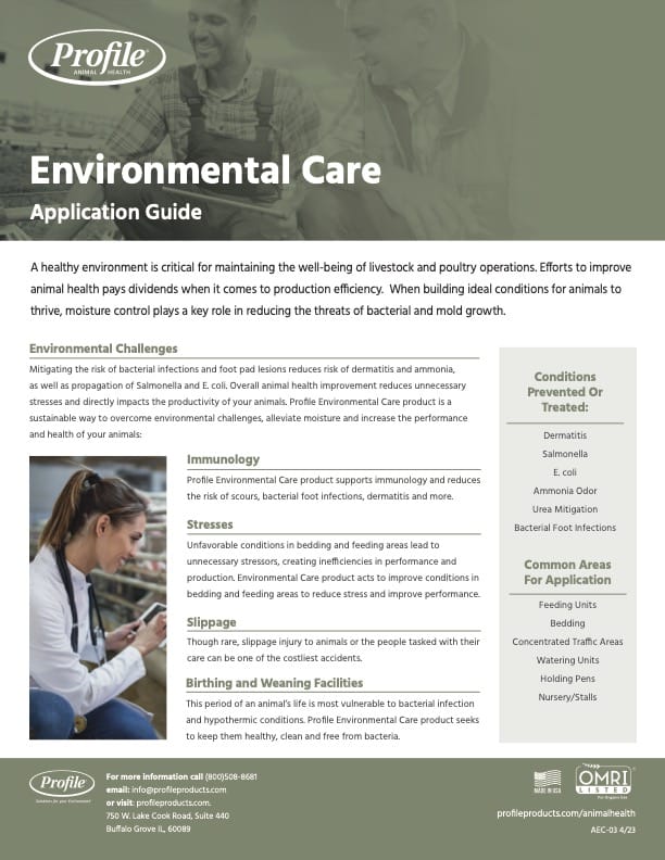 Environmental Care Application Guide brochure with text about livestock and poultry protection, divided sections on immunity, stress, and weaning, plus tables listing conditions prevented or treated and common product areas, with company contact info at bottom.