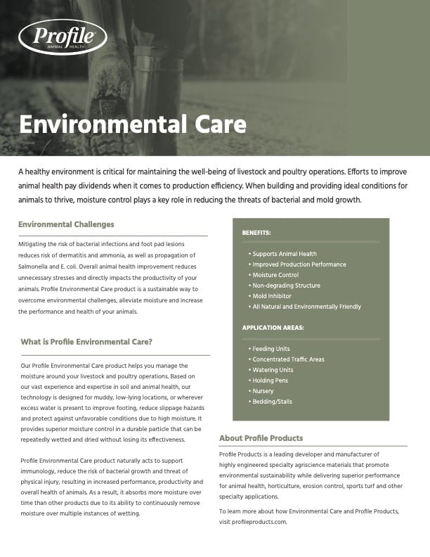 A brochure titled Environmental Care by Profile Products discusses benefits and applications of their product for livestock and poultry operations, emphasizing improved animal health and production efficiency.