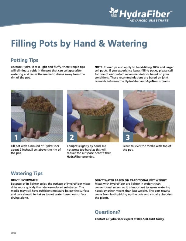 A step-by-step guide shows hands filling a pot with loose, fibrous substrate, pressing it lightly, and leveling the surface, with text instructions and HydraFiber branding at the top.