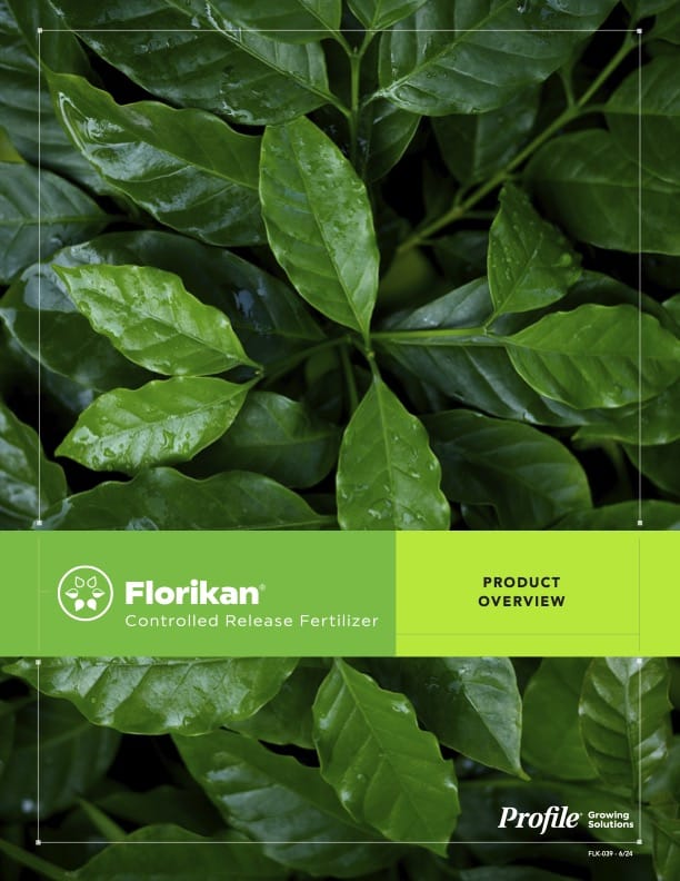 Green leafy plant background with a green band across the center displaying Florikan Controlled Release Fertilizer and Product Overview. Profile logo appears in the lower right corner.