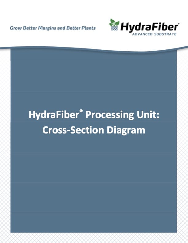 Cover page titled HydraFiber Processing Unit: Cross-Section Diagram with the HydraFiber logo and the tagline Grow Better Margins and Better Plants at the top.