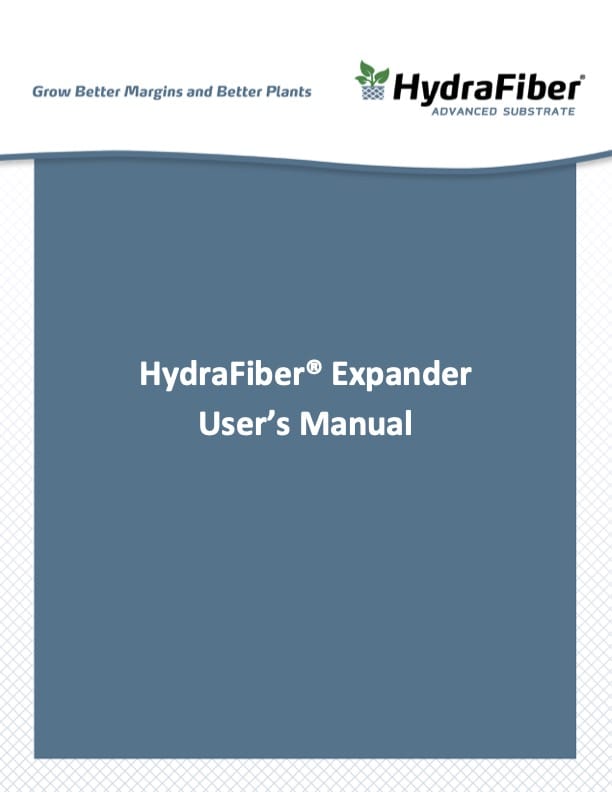 Cover of the HydraFiber Expander Users Manual, featuring the HydraFiber logo and tagline Grow Better Margins and Better Plants at the top, with a blue and white background.