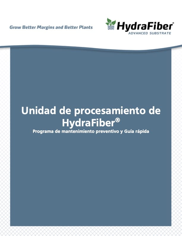 Cover page with the HydraFiber logo, the title Unidad de procesamiento de HydraFiber and subtitle Programa de mantenimiento preventivo y Guía rápida in Spanish on a blue and white background.