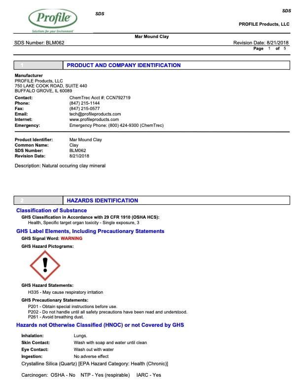 SDS document for Mar Mound Clay shows product and company info, safety data, and hazard classifications, with hazard pictograms and emergency phone details at the top. Page one of five.