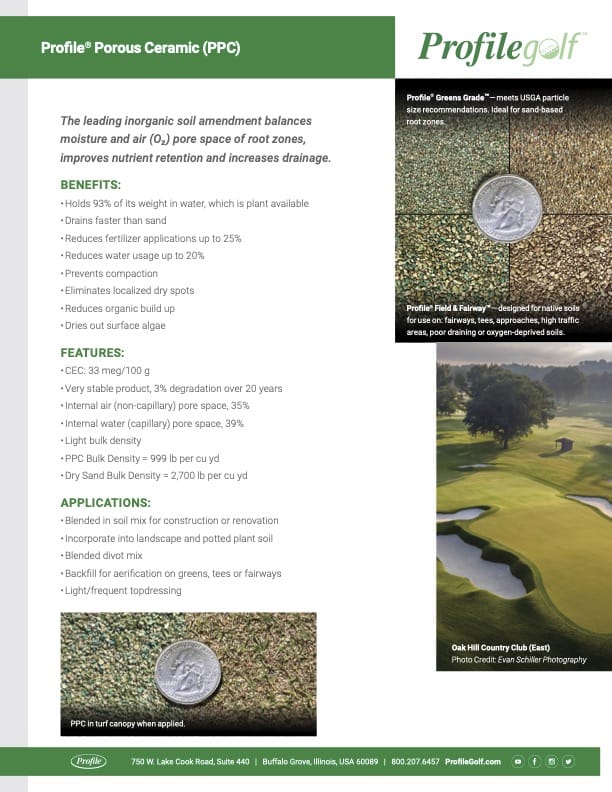 Profile Golf product sheet for Porous Ceramic (PPC) featuring a list of benefits, features, and applications, along with images of PPC granules, a golf ball near turf, and a golf course view.