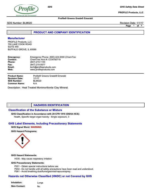 A safety data sheet for Profile® Greens Grade® Emerald shows manufacturer info, hazard statements, product identification, and safety warnings with red hazard symbol in a structured table format on a white background.
