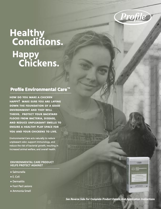 A woman in overalls holds a chicken and smiles at the camera. The ad promotes Profile Environmental Care, highlighting its benefits for chicken health and clean living conditions. Product box is shown in the lower right corner.