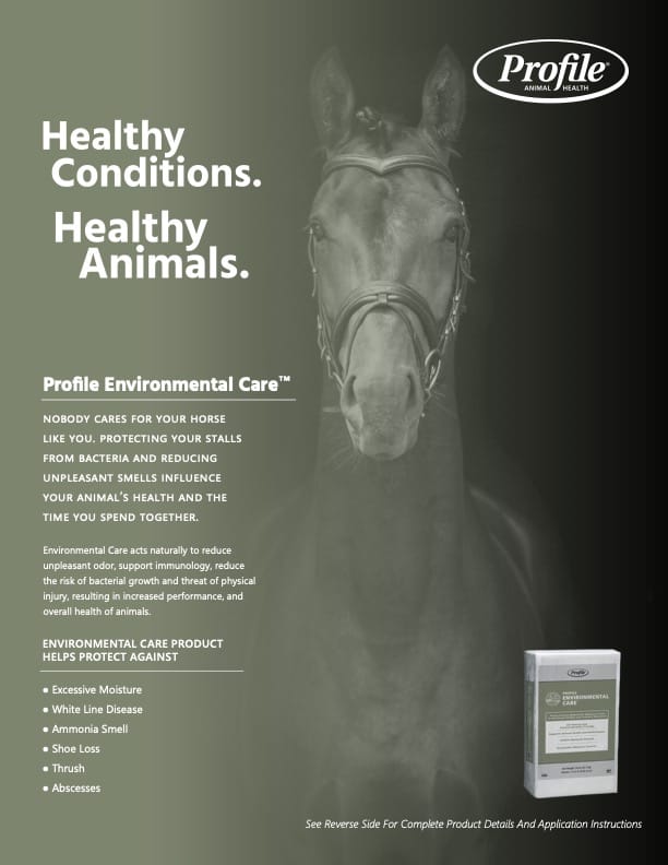 A horse faces forward on a gray background beside text promoting Profile Environmental Care for horses, highlighting health benefits. A product box appears in the lower right corner.